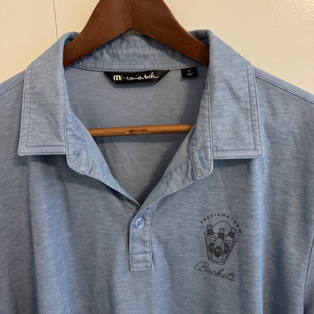 TravisMathew Buckets Polo Shirt Mens XL Blue Heather Pima Cotton Blend Golf Tee